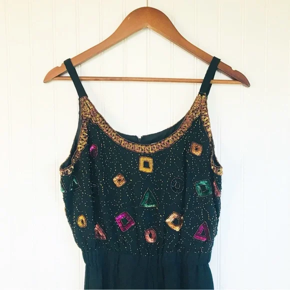 VINTAGE 80s Glam Beaded Sequin Silk Wide Leg Jumpsuit Bolero Jacket Black Size 6
